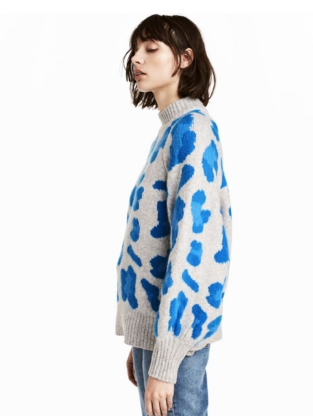 H&M gray and blue abstract leopard print chunky oversized mock neck sweater
